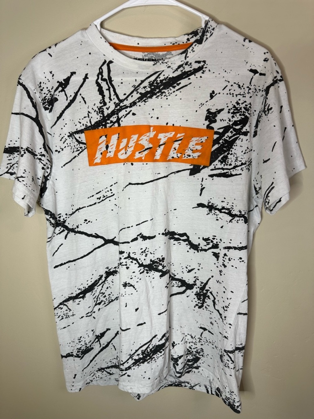 Seven Souls Men's  Large White Graphic Tee Marbles with Orange 'Hustle' Logo